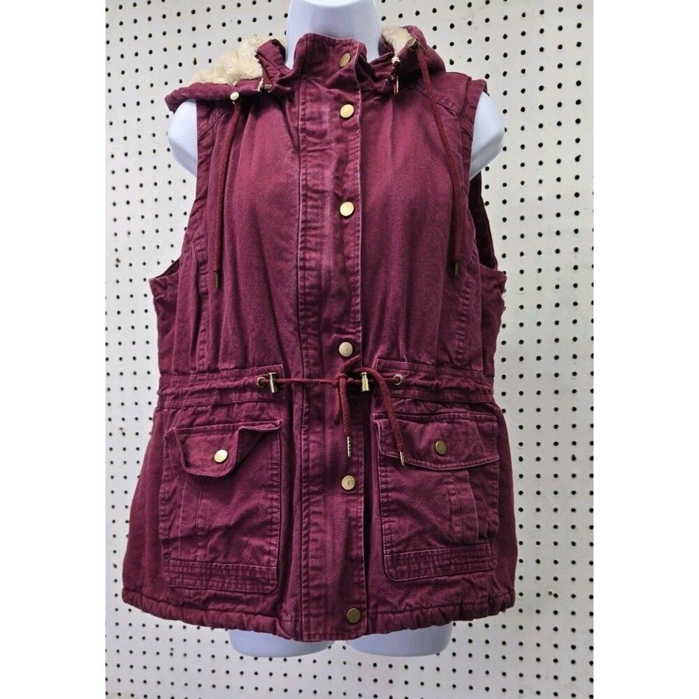 Victory Outfitters Cranberry Winter Vest Faux Fur Lined Comfy Removable Hood L